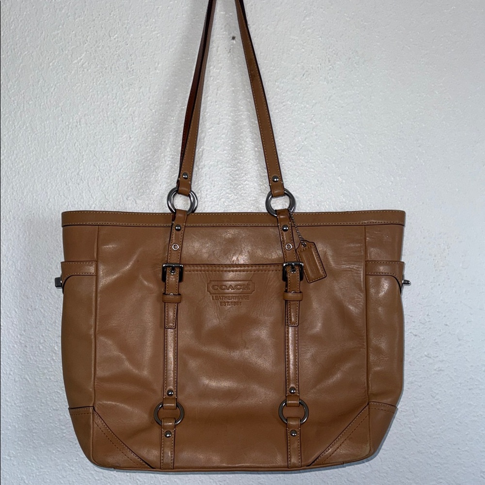 Coach Camel Tan Leather Turnlock Pocket Double Handle Tote Bag - Vintage
